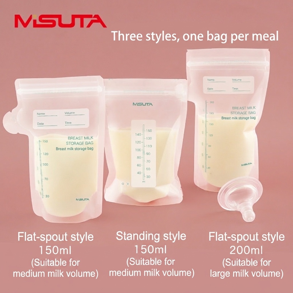 MISUTA Sacchetti per la conservazione del latte materno, pre-sterilizzati, autoportanti, con doppia chiusura a zip, a prova di perdite, adatti al congelatore (confezione da 30, 200 ml)