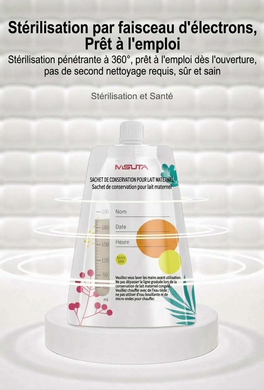 Sachets de conservation de lait maternel MISUTA avec adaptateurs pour tire-lait, sachets de 200 ml pré-stérilisés pour tirer et donner le lait, étanches (paquet de 20)