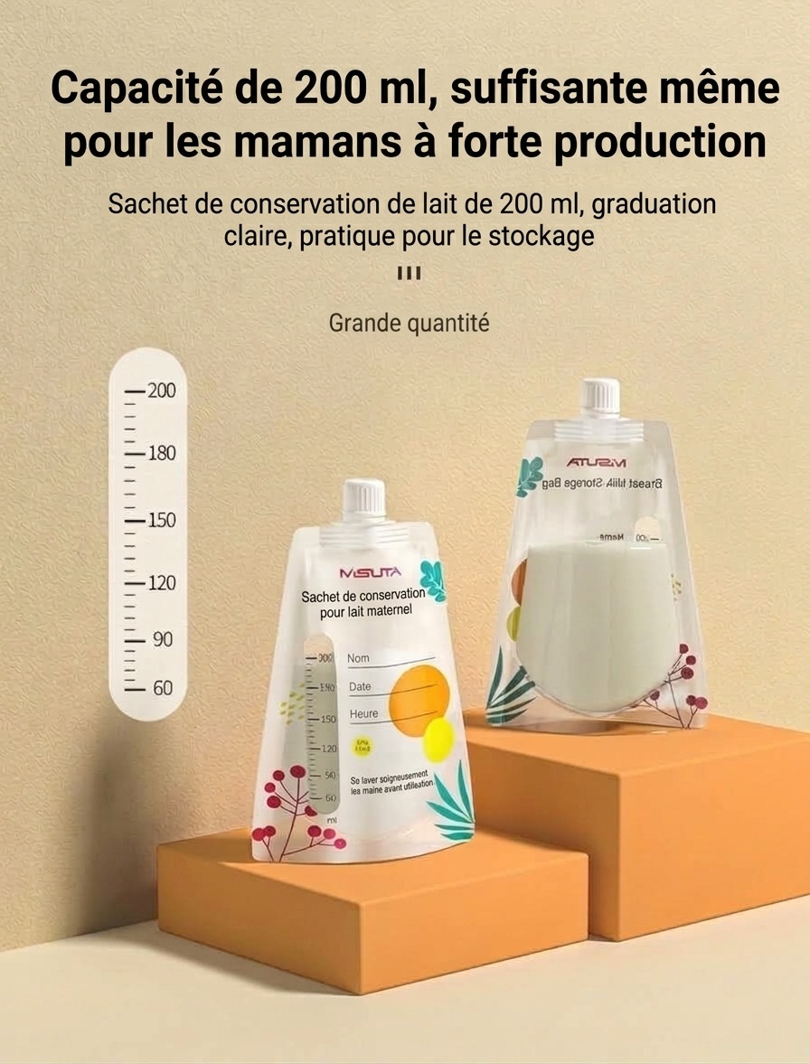 Sachets de conservation de lait maternel MISUTA avec adaptateurs pour tire-lait, sachets de 200 ml pré-stérilisés pour tirer et donner le lait, étanches (paquet de 20)