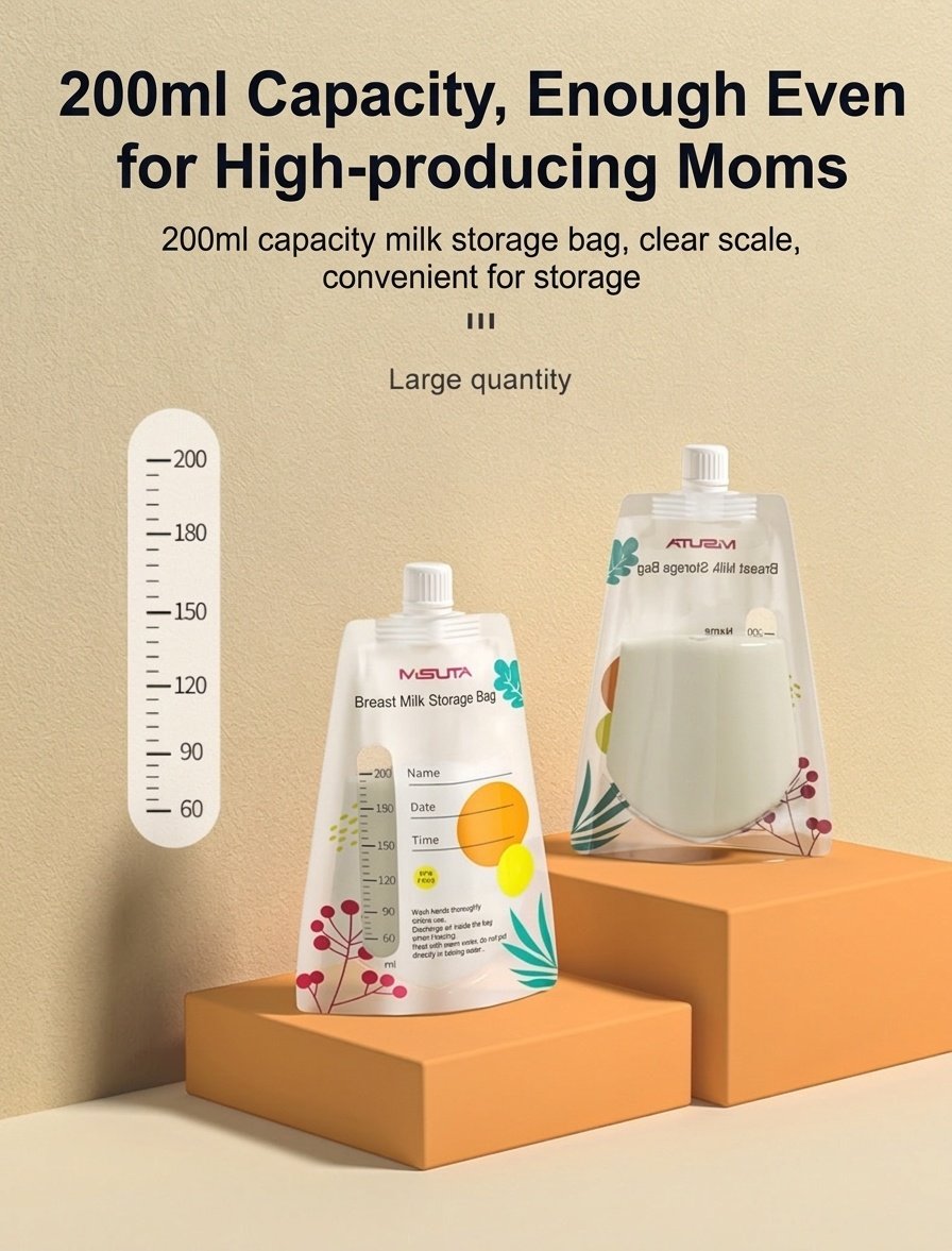 MISUTA Sacchetti per la conservazione del latte materno con connettori adattatori per tiralatte, 200 ml, pre-sterilizzati, a prova di perdite (confezione da 20)