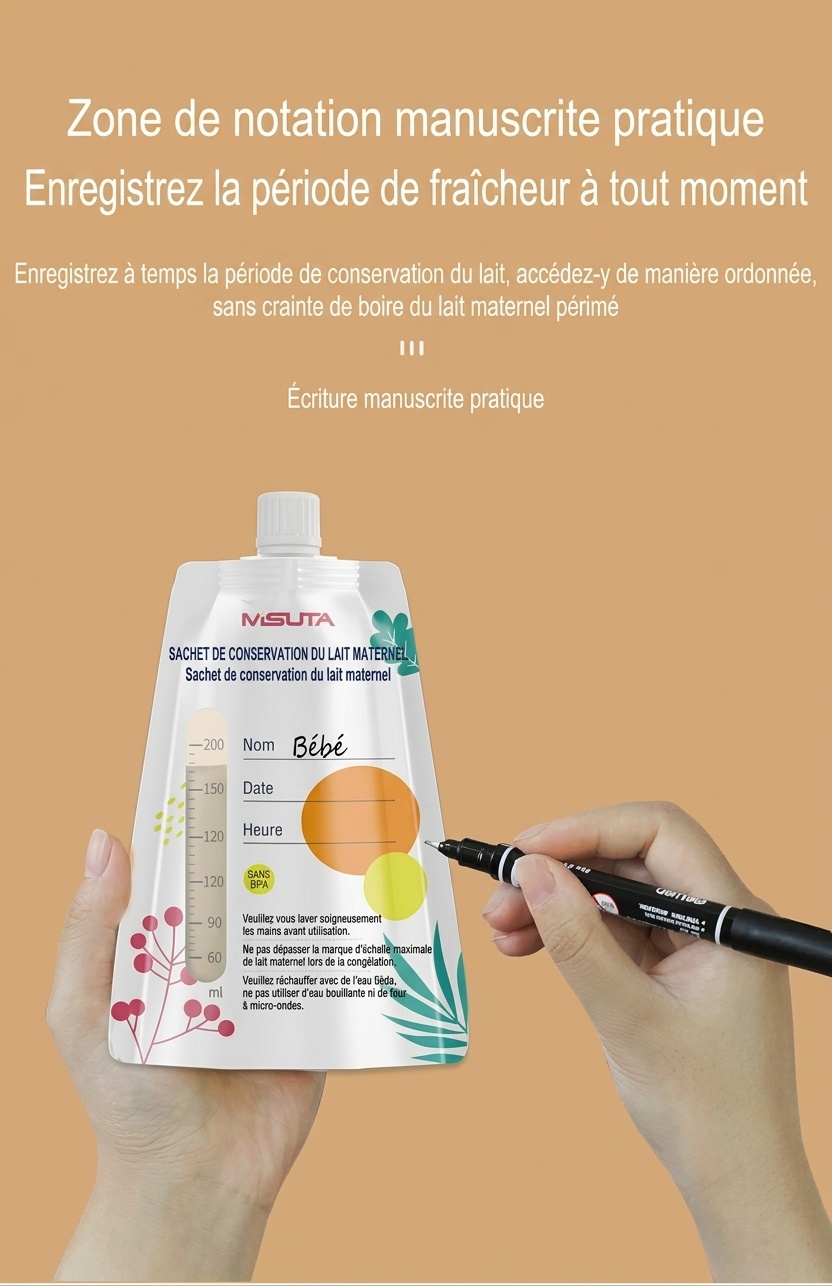 Sachets de conservation de lait maternel MISUTA avec adaptateurs pour tire-lait, sachets de 200 ml pré-stérilisés pour tirer et donner le lait, étanches (paquet de 20)