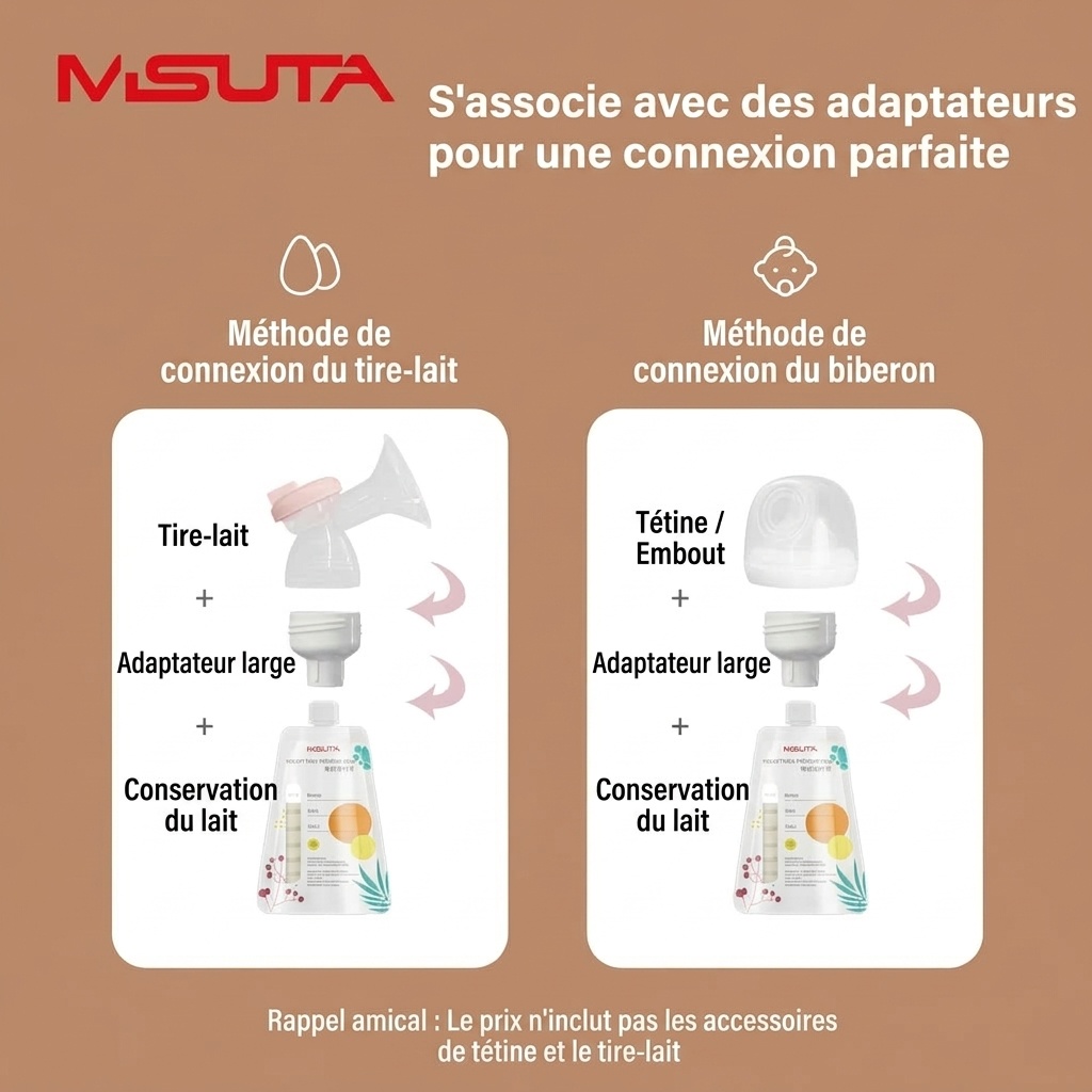 Sachets de conservation de lait maternel MISUTA avec adaptateurs pour tire-lait, sachets de 200 ml pré-stérilisés pour tirer et donner le lait, étanches (paquet de 20)