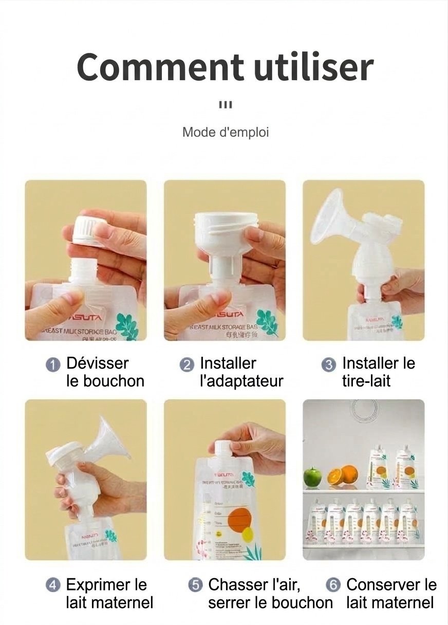 Sachets de conservation de lait maternel MISUTA avec adaptateurs pour tire-lait, sachets de 200 ml pré-stérilisés pour tirer et donner le lait, étanches (paquet de 20)