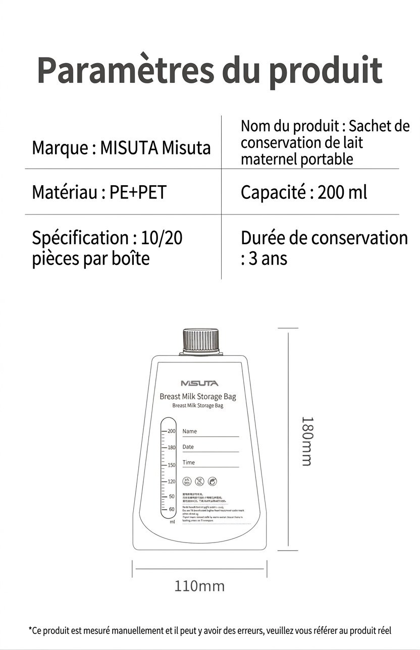 Sachets de conservation de lait maternel MISUTA avec adaptateurs pour tire-lait, sachets de 200 ml pré-stérilisés pour tirer et donner le lait, étanches (paquet de 20)