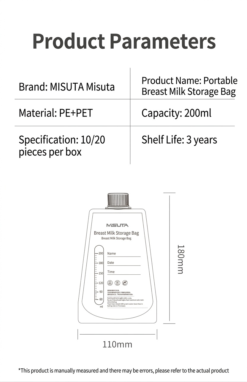 MISUTA Sacchetti per la conservazione del latte materno con connettori adattatori per tiralatte, 200 ml, pre-sterilizzati, a prova di perdite (confezione da 20)