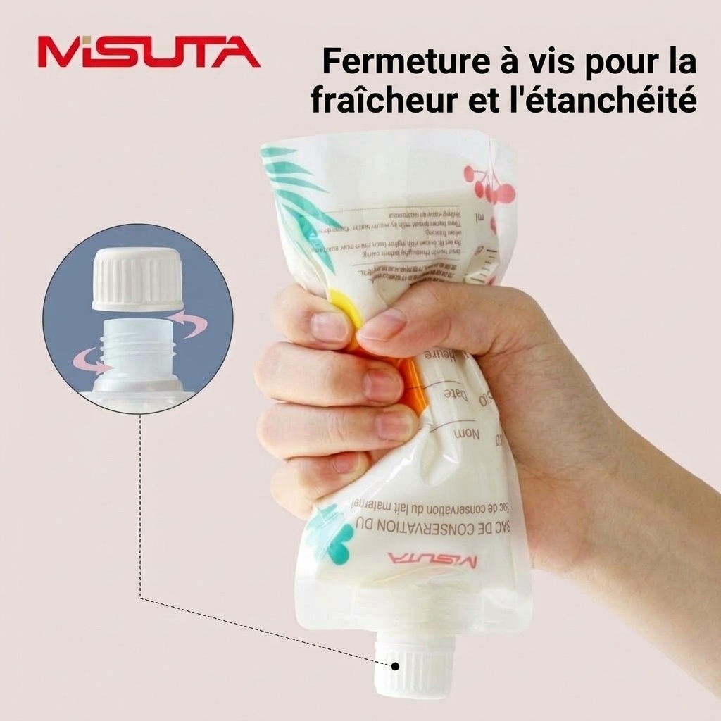 Sachets de conservation de lait maternel MISUTA avec adaptateurs pour tire-lait, sachets de 200 ml pré-stérilisés pour tirer et donner le lait, étanches (paquet de 20)