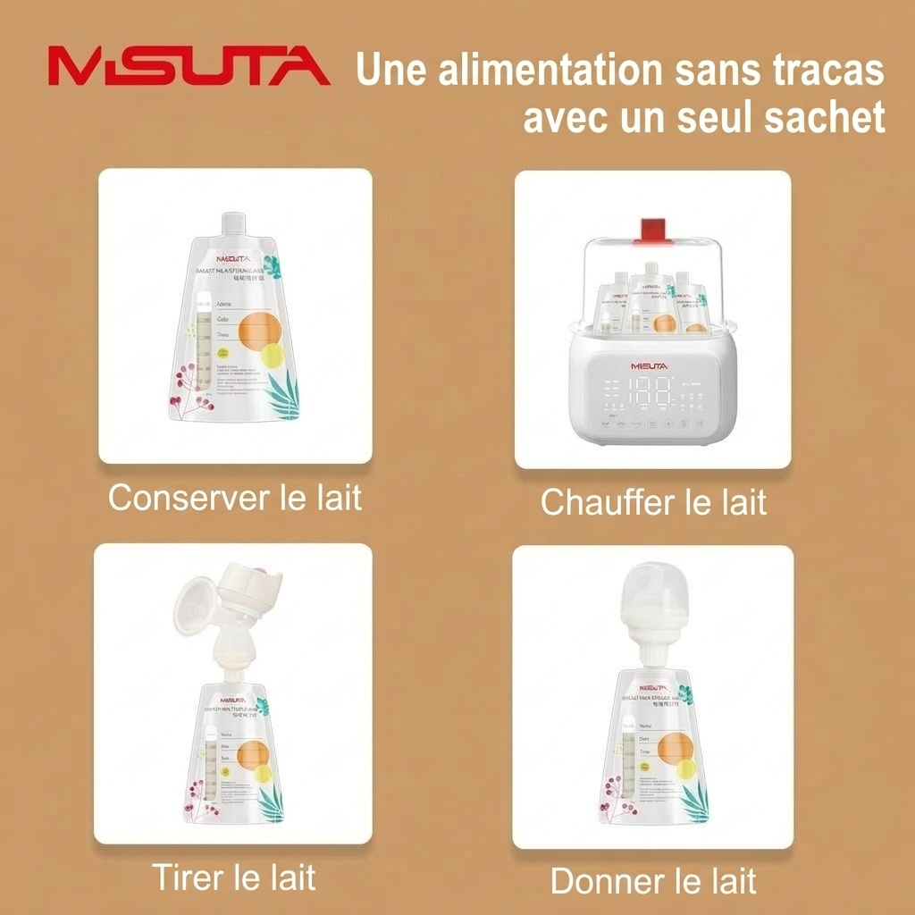 Sachets de conservation de lait maternel MISUTA avec adaptateurs pour tire-lait, sachets de 200 ml pré-stérilisés pour tirer et donner le lait, étanches (paquet de 20)
