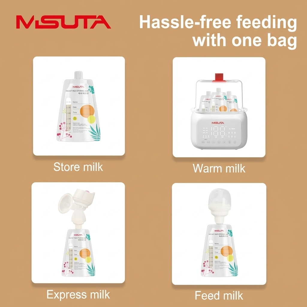 MISUTA Sacchetti per la conservazione del latte materno con connettori adattatori per tiralatte, 200 ml, pre-sterilizzati, a prova di perdite (confezione da 20)