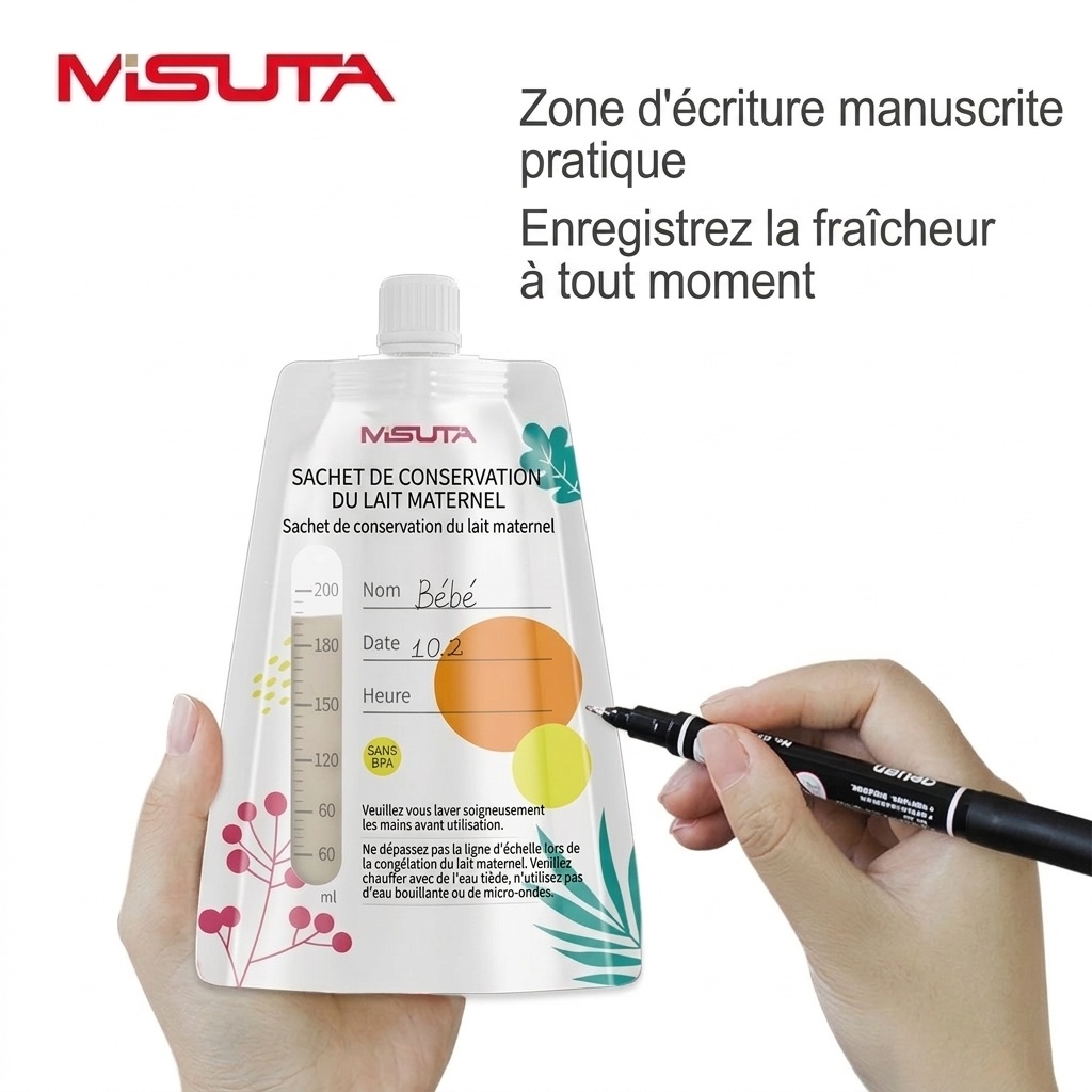 Sachets de conservation de lait maternel MISUTA avec adaptateurs pour tire-lait, sachets de 200 ml pré-stérilisés pour tirer et donner le lait, étanches (paquet de 20)