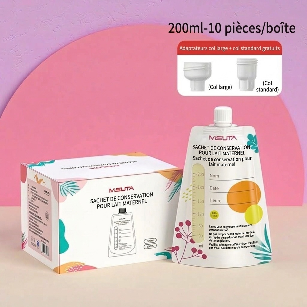 Sachets de conservation de lait maternel MISUTA avec adaptateurs pour tire-lait, sachets de 200 ml pré-stérilisés pour tirer et donner le lait, étanches (paquet de 20)