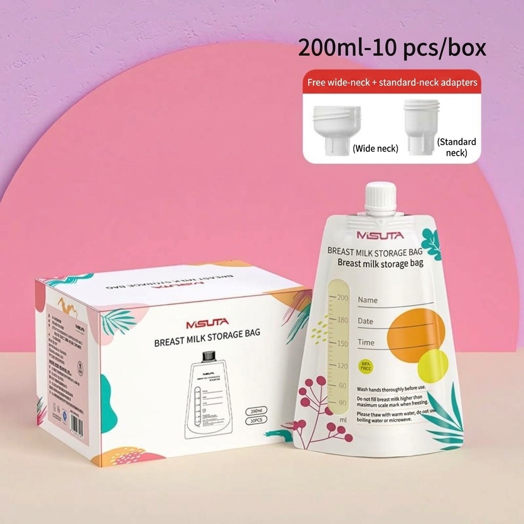 MISUTA Sacchetti per la conservazione del latte materno con connettori adattatori per tiralatte, 200 ml, pre-sterilizzati, a prova di perdite (confezione da 20)