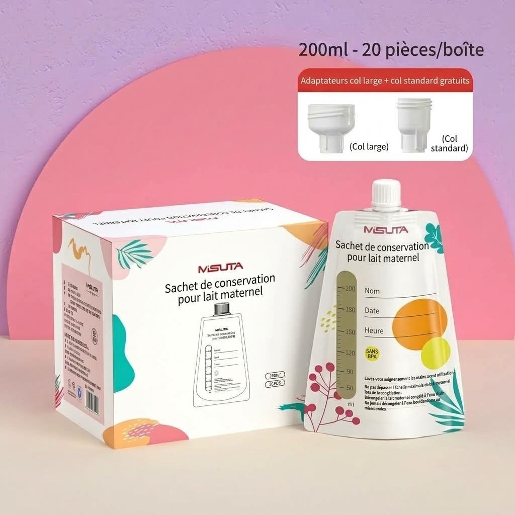 Sachets de conservation de lait maternel MISUTA avec adaptateurs pour tire-lait, sachets de 200 ml pré-stérilisés pour tirer et donner le lait, étanches (paquet de 20)