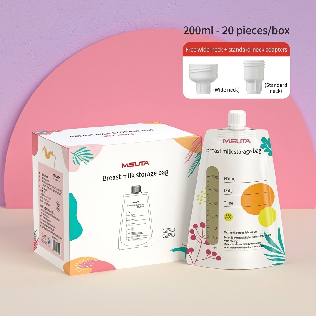 MISUTA Sacchetti per la conservazione del latte materno con connettori adattatori per tiralatte, 200 ml, pre-sterilizzati, a prova di perdite (confezione da 20)