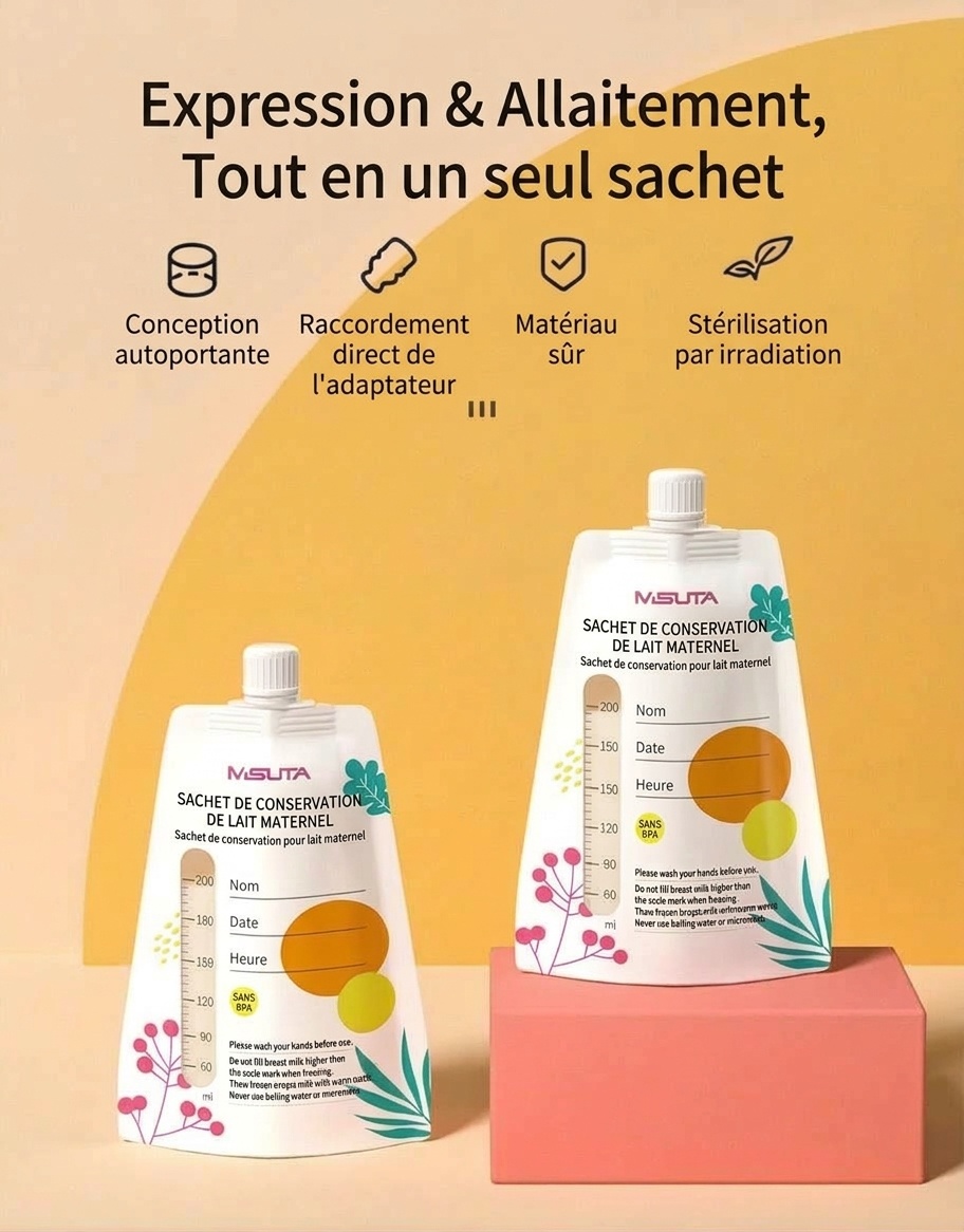 Sachets de conservation de lait maternel MISUTA avec adaptateurs pour tire-lait, sachets de 200 ml pré-stérilisés pour tirer et donner le lait, étanches (paquet de 20)