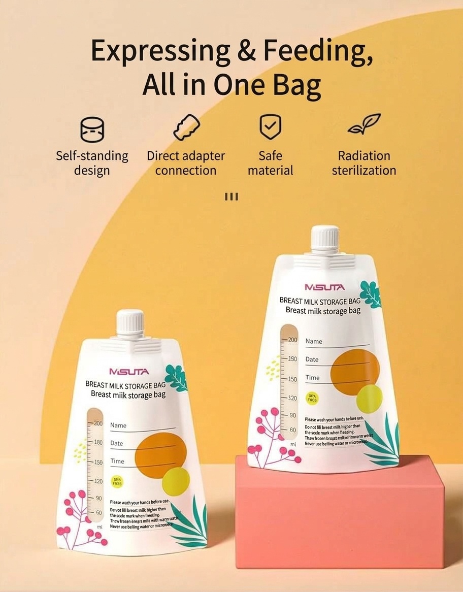 MISUTA Sacchetti per la conservazione del latte materno con connettori adattatori per tiralatte, 200 ml, pre-sterilizzati, a prova di perdite (confezione da 20)