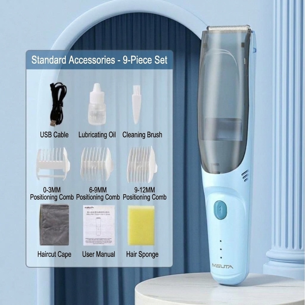 Tagliacapelli per neonati MISUTA ultra silenzioso con aspirazione dei capelli, lama in ceramica impermeabile IPX7, senza fili.