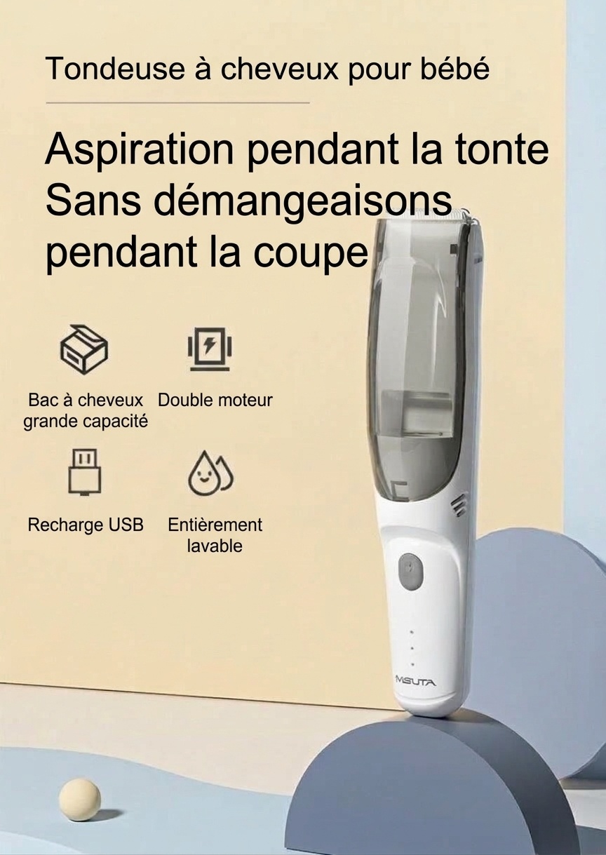 Tondeuse à cheveux pour bébé MISUTA ultra-silencieuse avec aspiration des cheveux, étanche IPX7, lame en céramique, sans fil