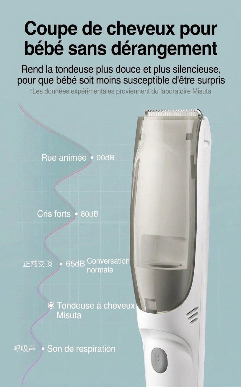 Tondeuse à cheveux pour bébé MISUTA ultra-silencieuse avec aspiration des cheveux, étanche IPX7, lame en céramique, sans fil