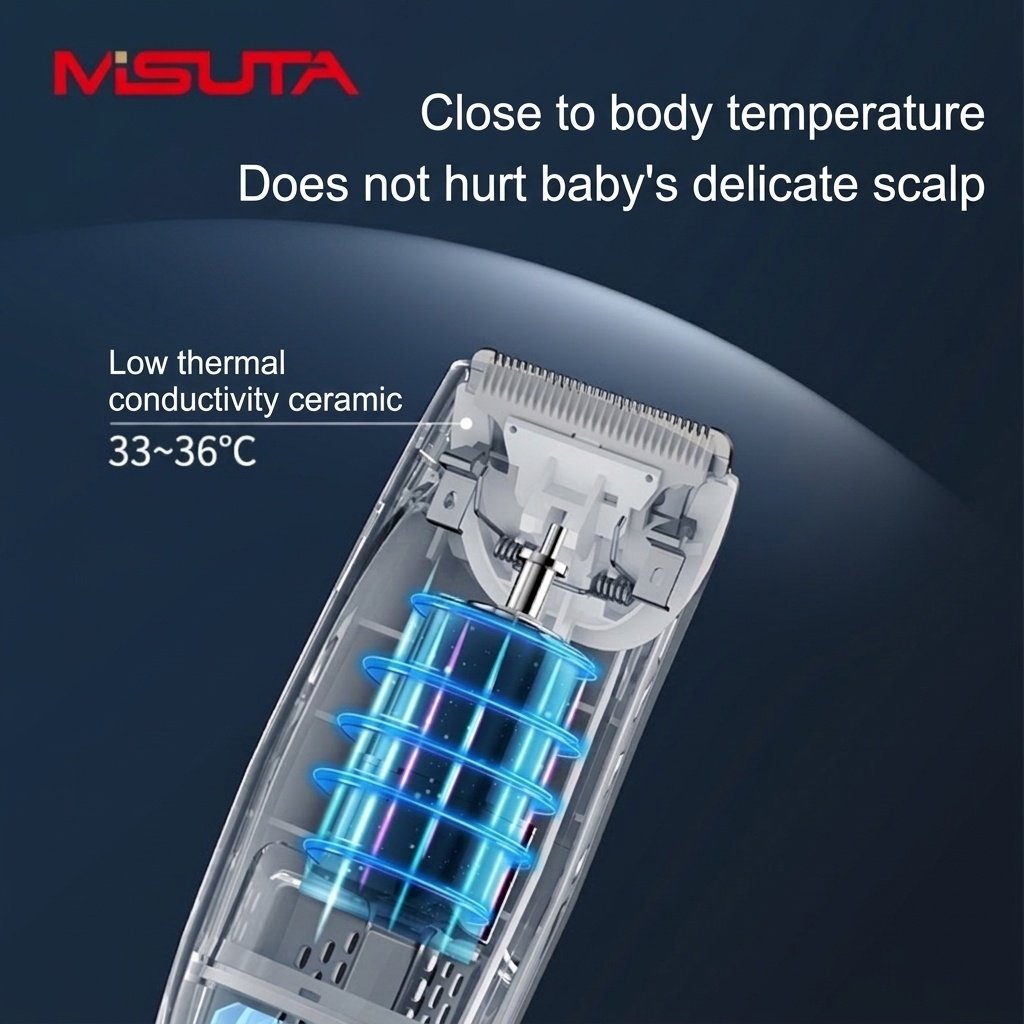 Tagliacapelli per neonati MISUTA ultra silenzioso con aspirazione dei capelli, lama in ceramica impermeabile IPX7, senza fili.