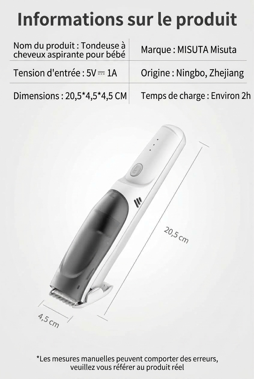 Tondeuse à cheveux pour bébé MISUTA ultra-silencieuse avec aspiration des cheveux, étanche IPX7, lame en céramique, sans fil