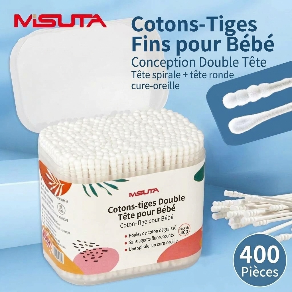 Cotons-tiges pour bébé MISUTA, paquet de 400, à double embout de sécurité, ultra-fins (3,5 mm), pour le nettoyage des oreilles et du nez des nourrissons