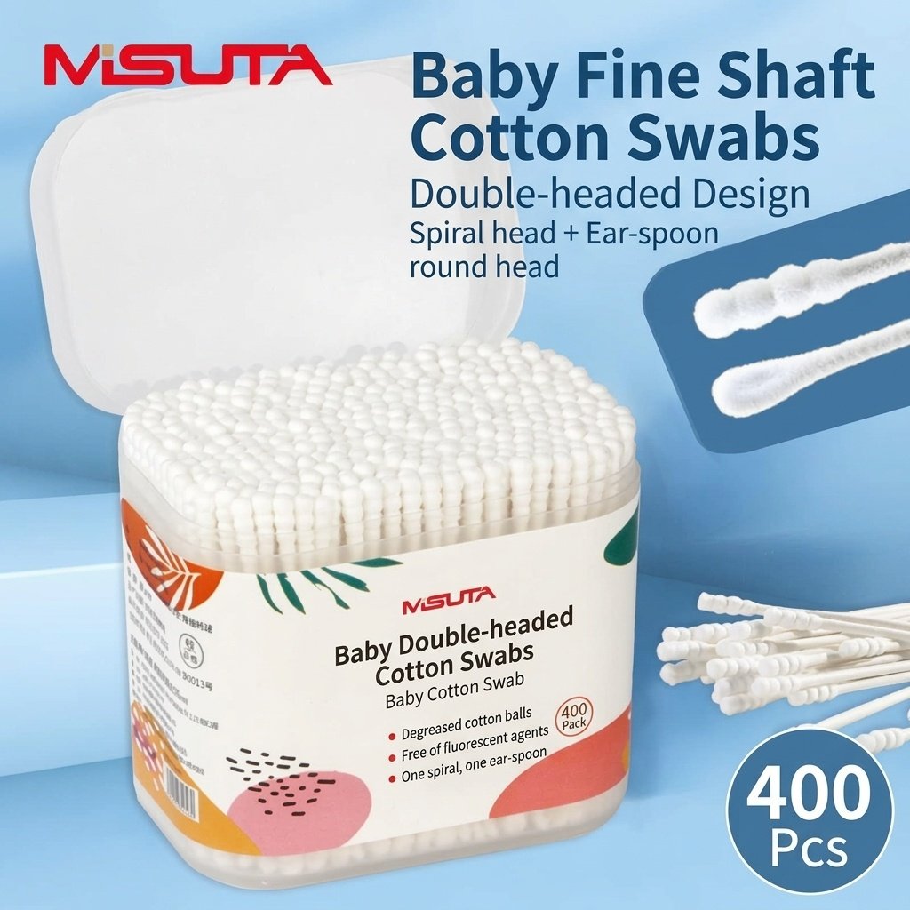 MISUTA Tamponi di cotone per neonati, confezione da 400 pezzi, bastoncini di cotone a doppia punta di sicurezza, tamponi ultra sottili da 3,5 mm per la pulizia di orecchie e naso dei neonati