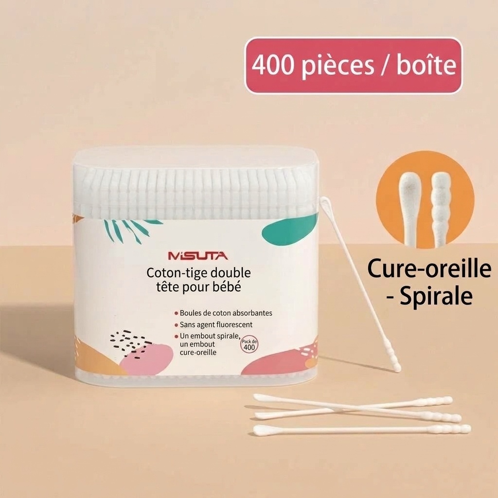 Cotons-tiges pour bébé MISUTA, paquet de 400, à double embout de sécurité, ultra-fins (3,5 mm), pour le nettoyage des oreilles et du nez des nourrissons