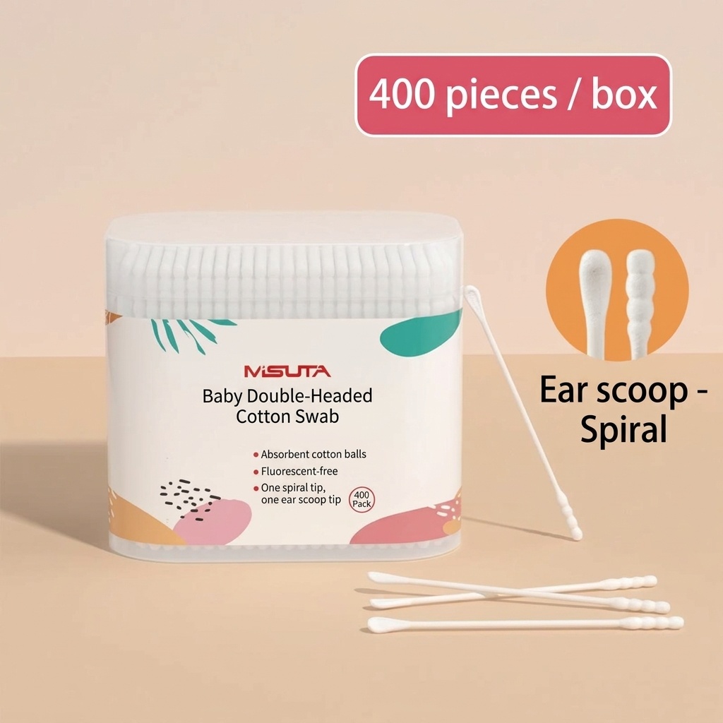 MISUTA Tamponi di cotone per neonati, confezione da 400 pezzi, bastoncini di cotone a doppia punta di sicurezza, tamponi ultra sottili da 3,5 mm per la pulizia di orecchie e naso dei neonati