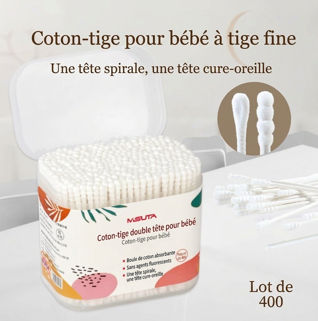 Cotons-tiges pour bébé MISUTA, paquet de 400, à double embout de sécurité, ultra-fins (3,5 mm), pour le nettoyage des oreilles et du nez des nourrissons