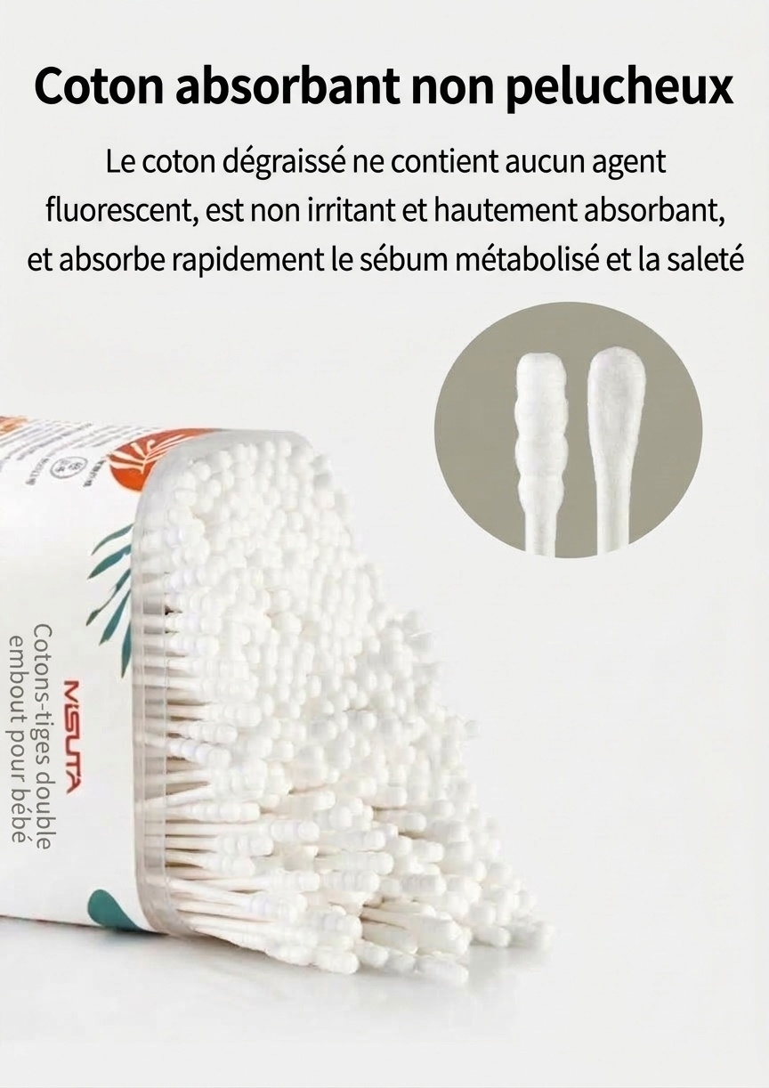 Cotons-tiges pour bébé MISUTA, paquet de 400, à double embout de sécurité, ultra-fins (3,5 mm), pour le nettoyage des oreilles et du nez des nourrissons