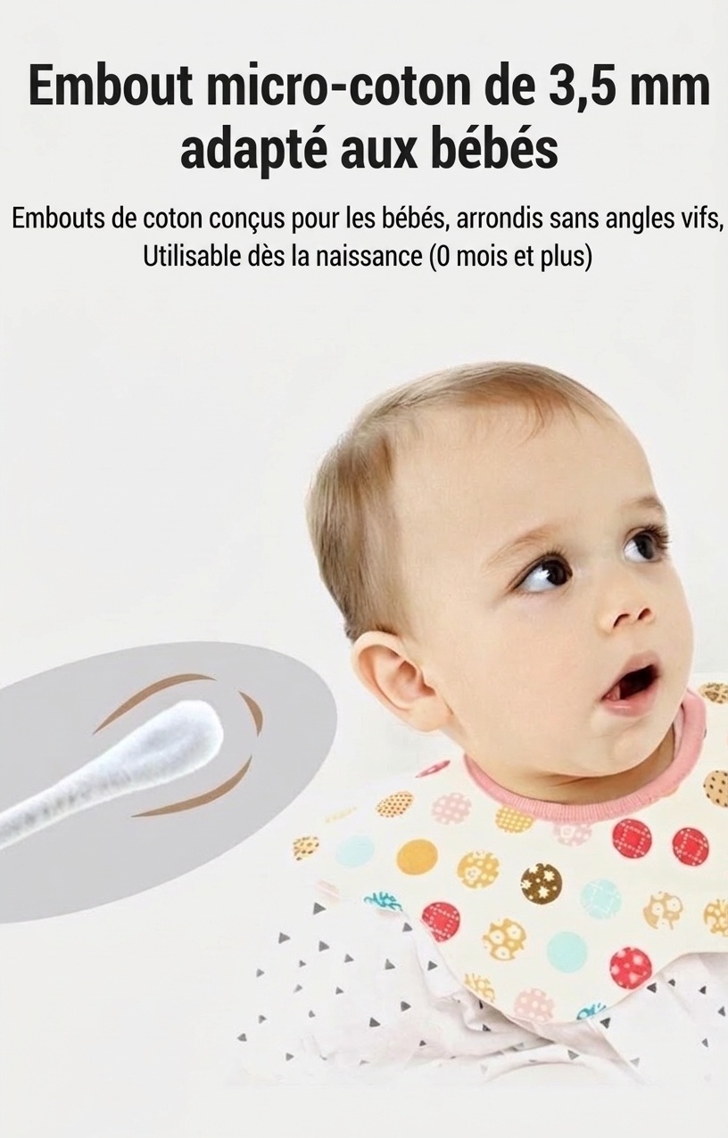 Cotons-tiges pour bébé MISUTA, paquet de 400, à double embout de sécurité, ultra-fins (3,5 mm), pour le nettoyage des oreilles et du nez des nourrissons