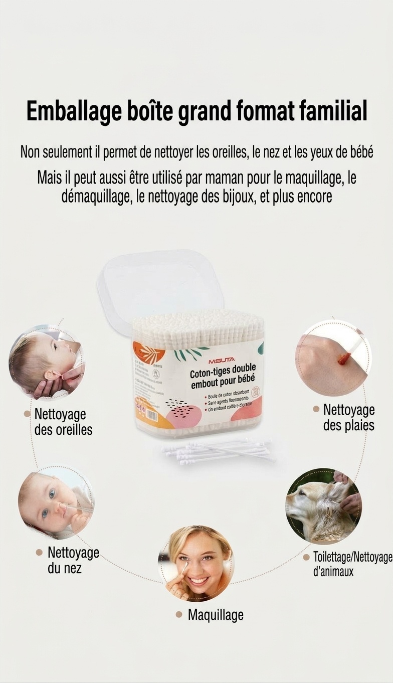 Cotons-tiges pour bébé MISUTA, paquet de 400, à double embout de sécurité, ultra-fins (3,5 mm), pour le nettoyage des oreilles et du nez des nourrissons