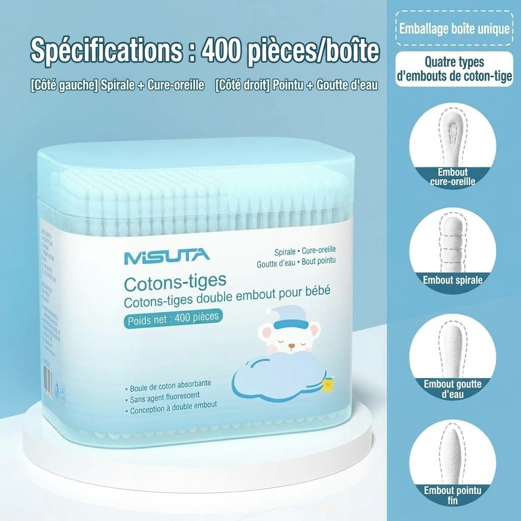 Cotons-tiges pour bébé MISUTA, paquet de 400, à double embout de sécurité, ultra-fins (3,5 mm), pour le nettoyage des oreilles et du nez des nourrissons