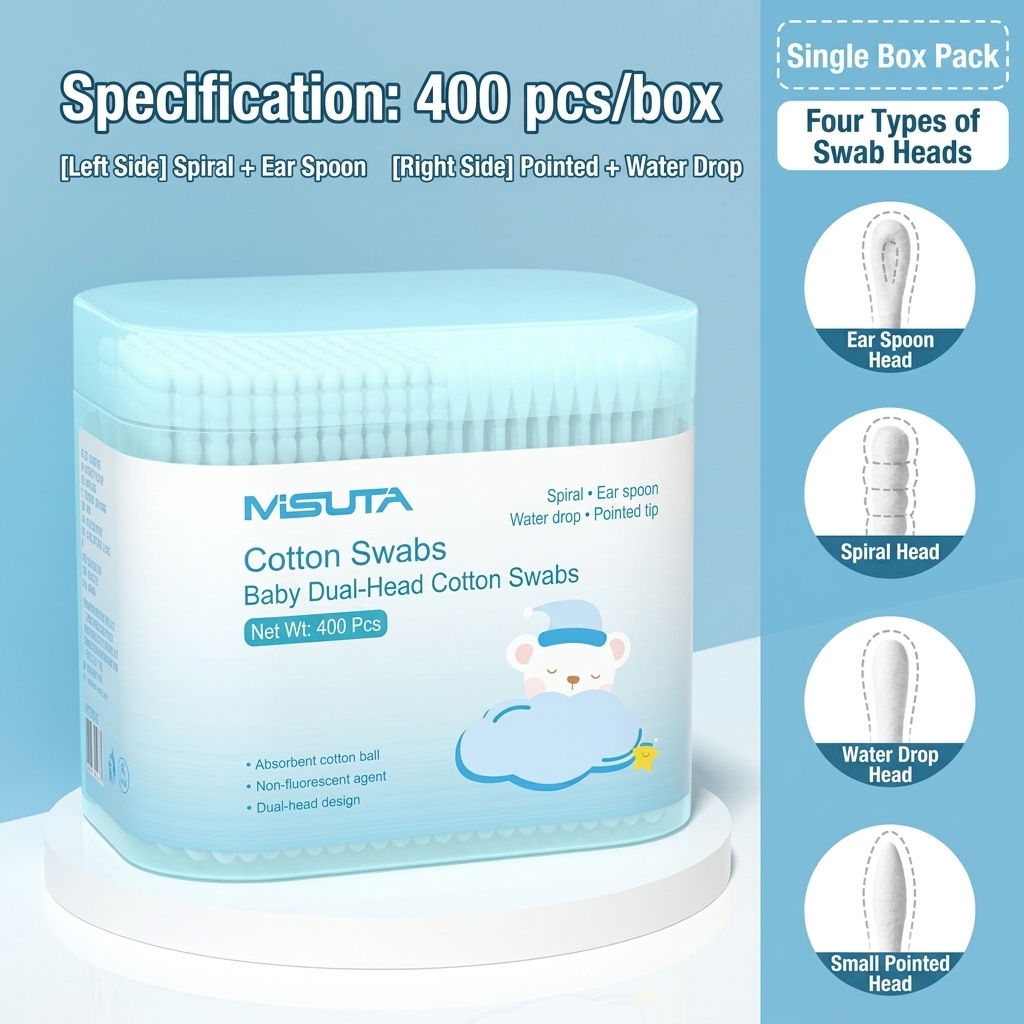 MISUTA Tamponi di cotone per neonati, confezione da 400 pezzi, bastoncini di cotone a doppia punta di sicurezza, tamponi ultra sottili da 3,5 mm per la pulizia di orecchie e naso dei neonati