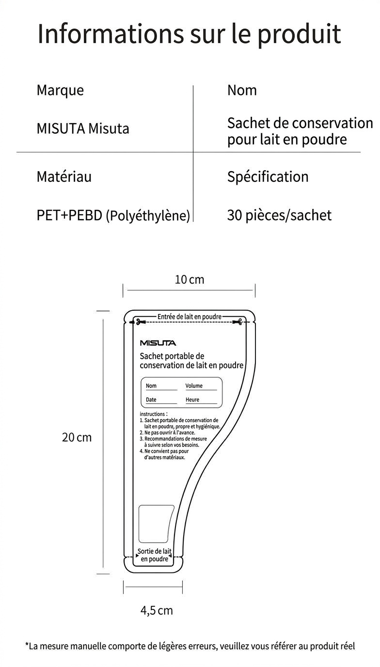 Sachets de conservation portables pour lait en poudre MISUTA, 30 sachets stérilisés jetables pour les voyages (50 g / 300 ml)