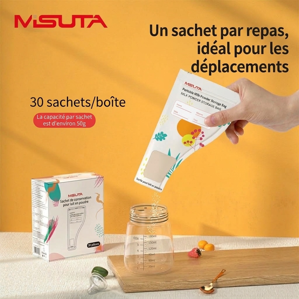 Sachets de conservation portables pour lait en poudre MISUTA, 30 sachets stérilisés jetables pour les voyages (50 g / 300 ml)