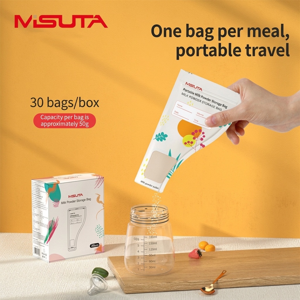 MISUTA Sacchetti portatili per la conservazione del latte in polvere, confezione da 30 bustine monouso pre-sterilizzate per dispenser da viaggio (50 g / 300 ml)
