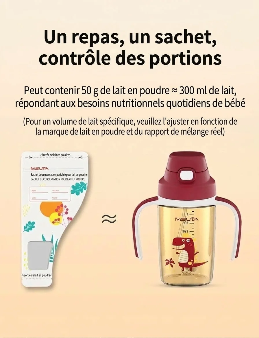 Sachets de conservation portables pour lait en poudre MISUTA, 30 sachets stérilisés jetables pour les voyages (50 g / 300 ml)