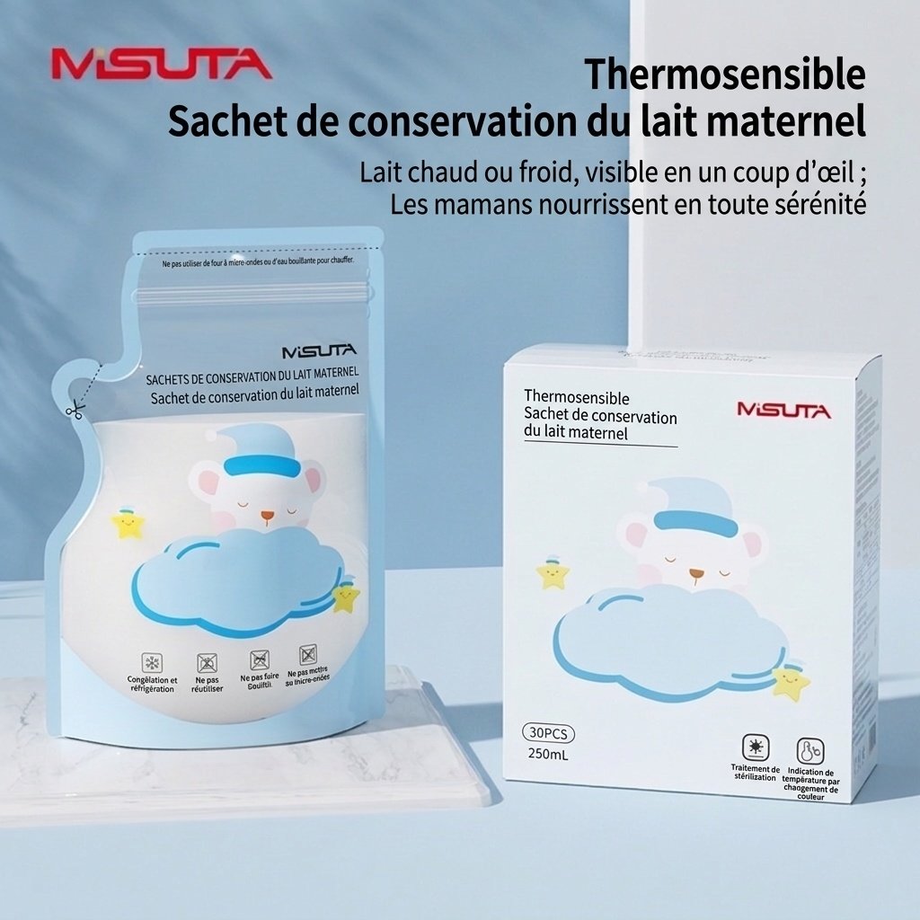 Sachets de conservation de lait maternel à capteur de température MISUTA, 250 ml, pré-stérilisés, avec indicateur thermique (paquet de 30)