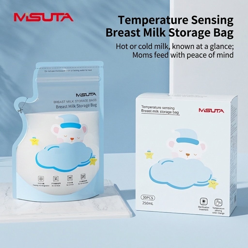 MISUTA Sacchetti per la conservazione del latte materno con sensore di temperatura, 250 ml, pre-sterilizzati, con indicatore termico, ideali per il congelamento (confezione da 30)