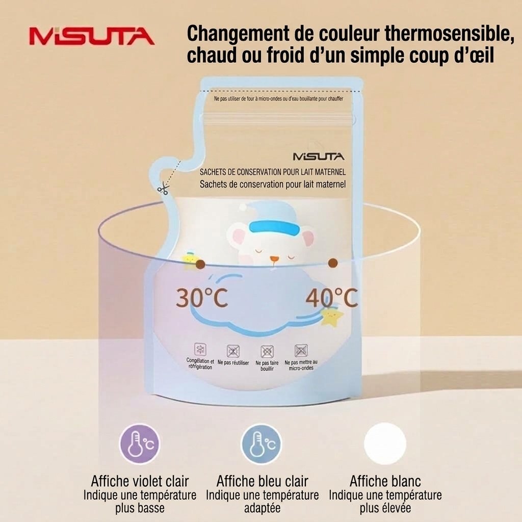 Sachets de conservation de lait maternel à capteur de température MISUTA, 250 ml, pré-stérilisés, avec indicateur thermique (paquet de 30)