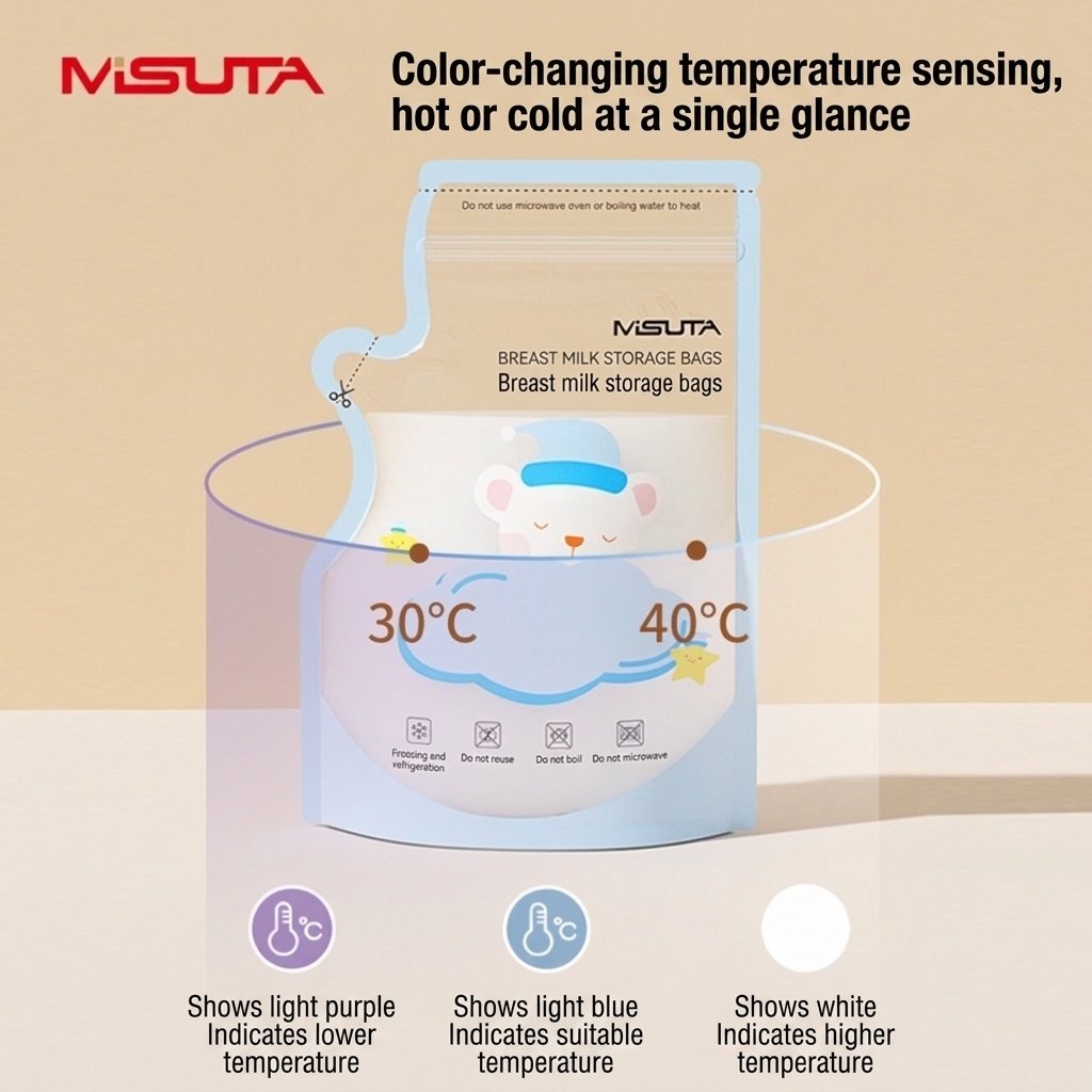MISUTA Sacchetti per la conservazione del latte materno con sensore di temperatura, 250 ml, pre-sterilizzati, con indicatore termico, ideali per il congelamento (confezione da 30)