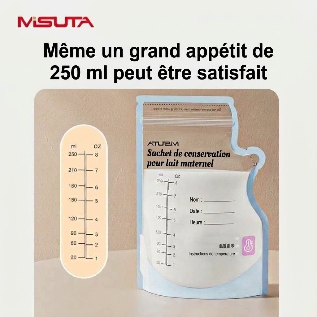 Sachets de conservation de lait maternel à capteur de température MISUTA, 250 ml, pré-stérilisés, avec indicateur thermique (paquet de 30)
