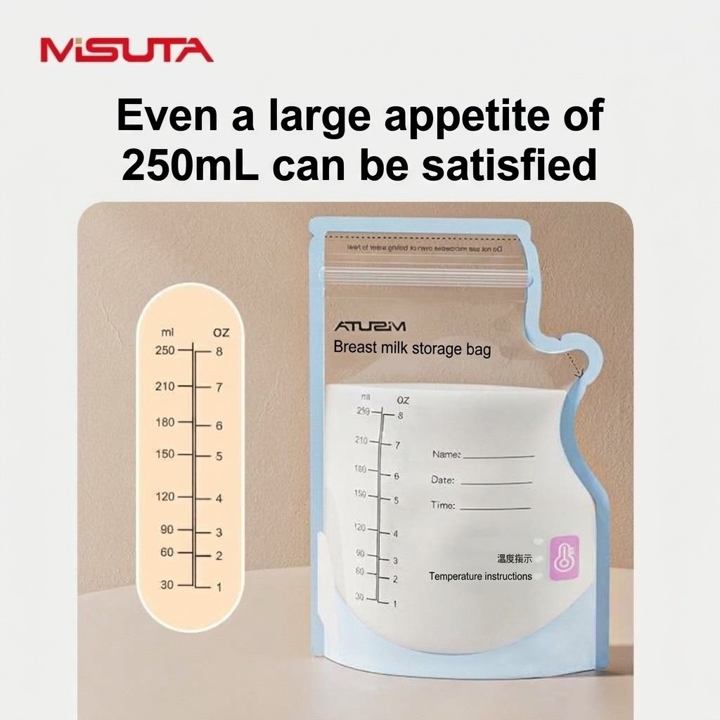MISUTA Sacchetti per la conservazione del latte materno con sensore di temperatura, 250 ml, pre-sterilizzati, con indicatore termico, ideali per il congelamento (confezione da 30)