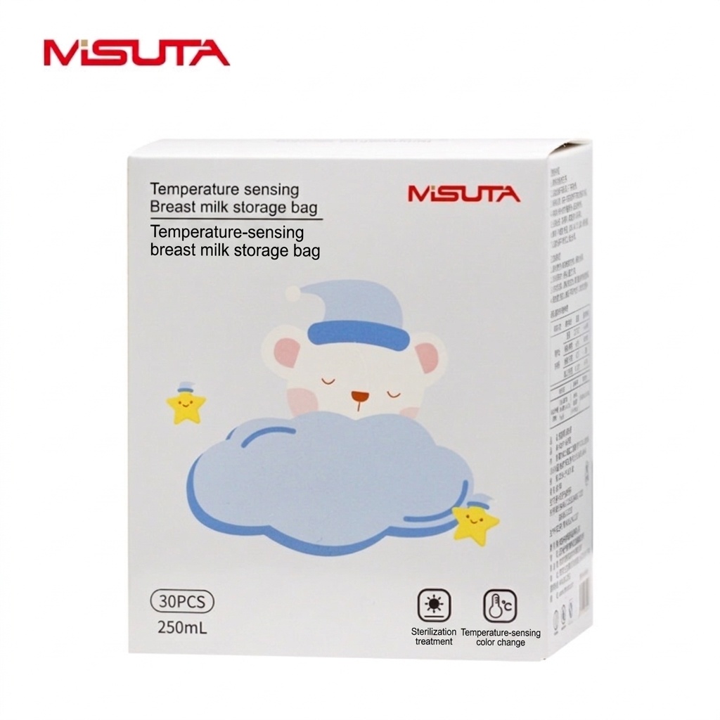 MISUTA Sacchetti per la conservazione del latte materno con sensore di temperatura, 250 ml, pre-sterilizzati, con indicatore termico, ideali per il congelamento (confezione da 30)