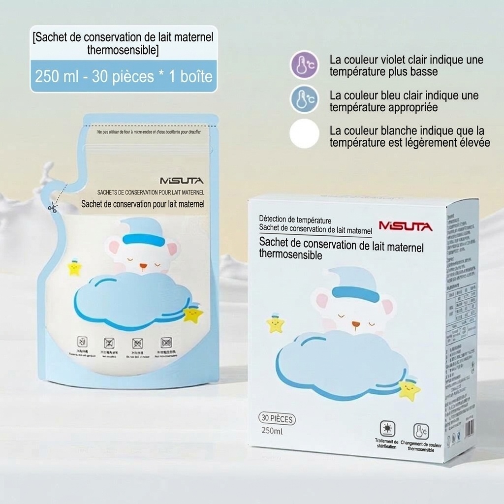 Sachets de conservation de lait maternel à capteur de température MISUTA, 250 ml, pré-stérilisés, avec indicateur thermique (paquet de 30)