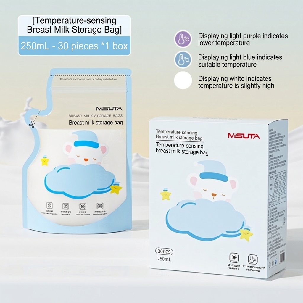 MISUTA Sacchetti per la conservazione del latte materno con sensore di temperatura, 250 ml, pre-sterilizzati, con indicatore termico, ideali per il congelamento (confezione da 30)