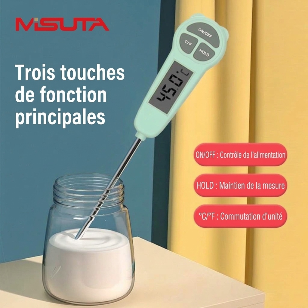 Thermomètre alimentaire numérique à lecture instantanée MISUTA, thermomètre de cuisson à réponse rapide pour la viande et le lait infantile avec sonde en acier inoxydable 304