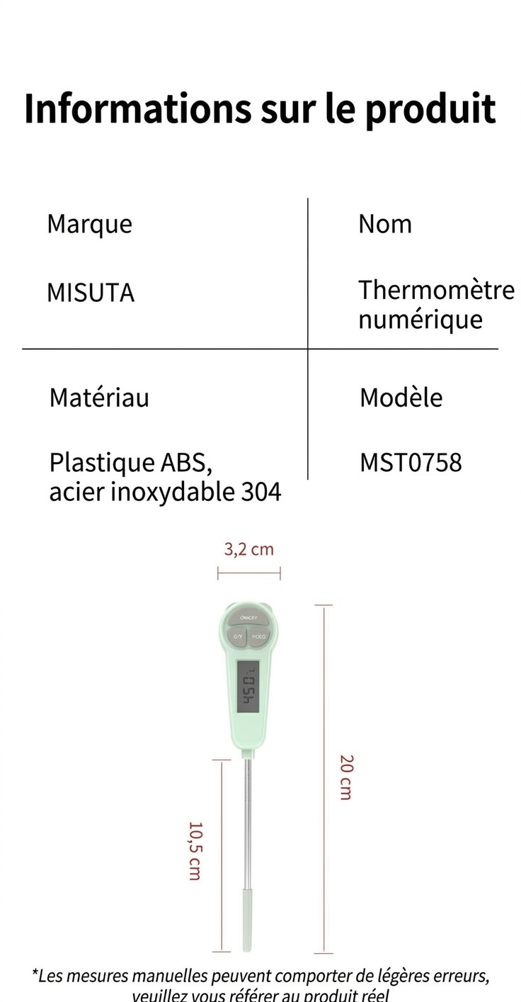 Thermomètre alimentaire numérique à lecture instantanée MISUTA, thermomètre de cuisson à réponse rapide pour la viande et le lait infantile avec sonde en acier inoxydable 304