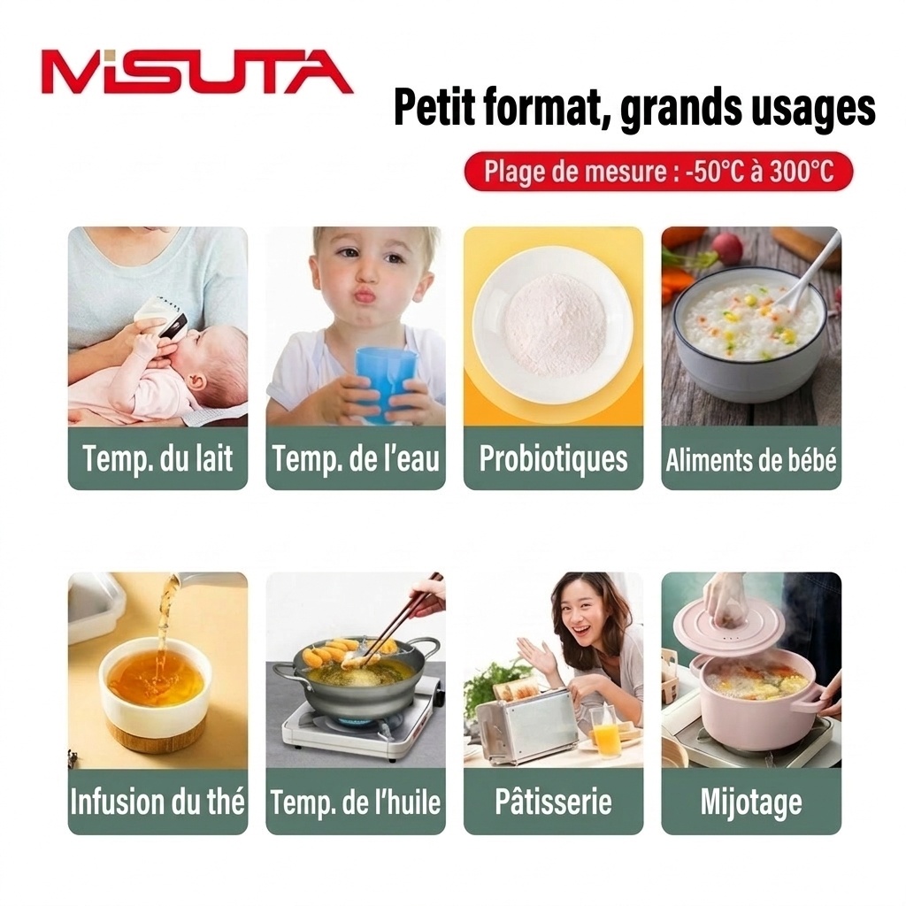 Thermomètre alimentaire numérique à lecture instantanée MISUTA, thermomètre de cuisson à réponse rapide pour la viande et le lait infantile avec sonde en acier inoxydable 304